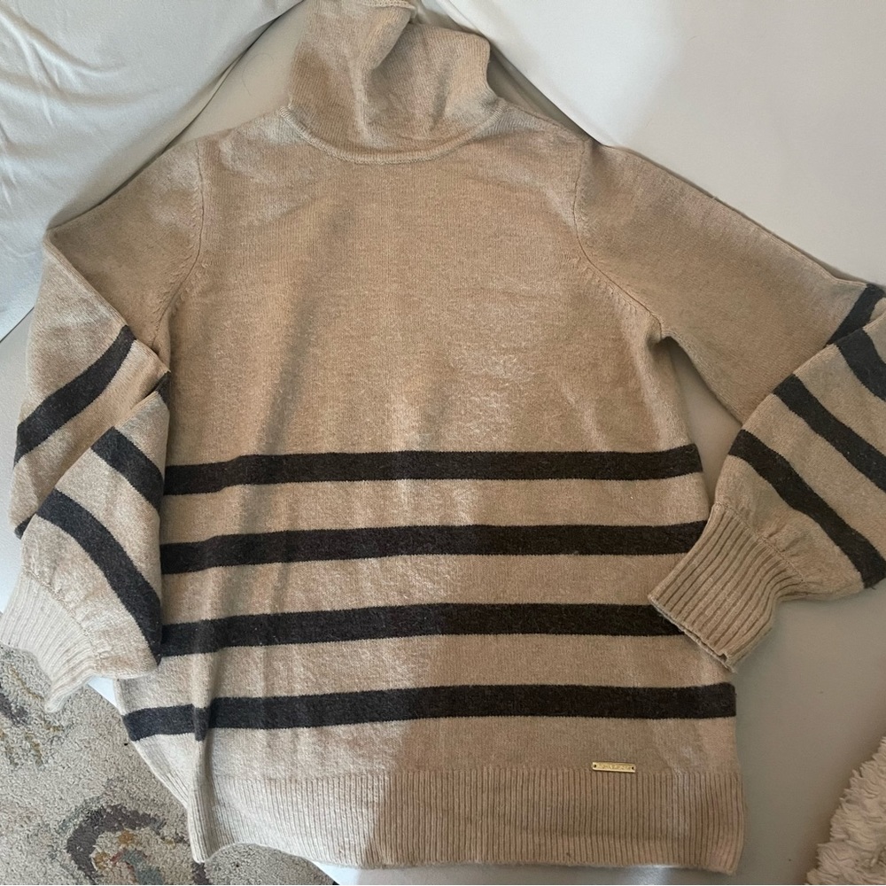 Michael Kors Beige Grey Striped Merino & Alpaca Wool Blend Cowl Neck Sweater S